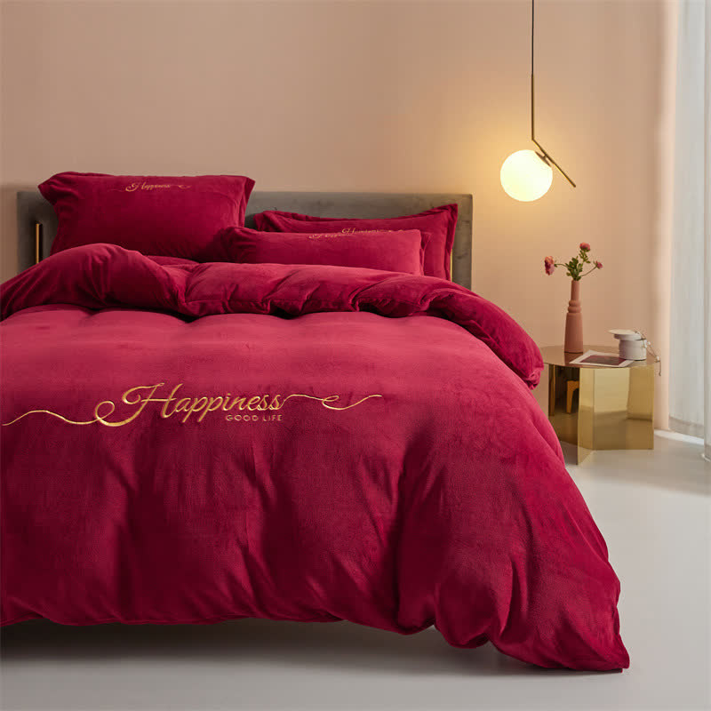 Happiness Embroidered Plush Bedding Set(4PCS) - Wine - King - image 7