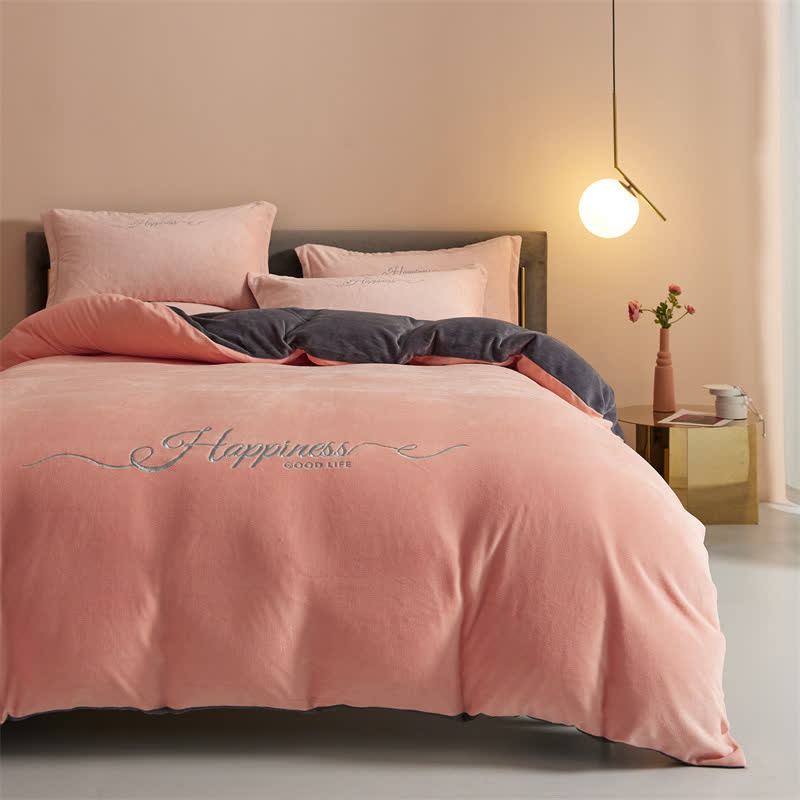 Happiness Embroidered Plush Bedding Set(4PCS) - Pink & Gray - King - image 17