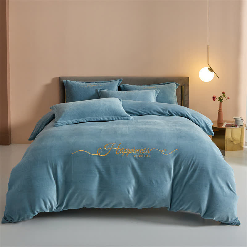 Happiness Embroidered Plush Bedding Set(4PCS) - Light Green - King - image 9
