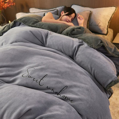 Sweet Home Printed Plush Bedding Set(4PCS) - Blue Gray - King - image 10