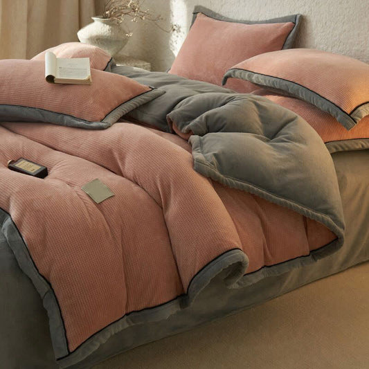 Waffle Textured  Reversible Plush Bedding Set(4PCS) - Pink - King - image 0