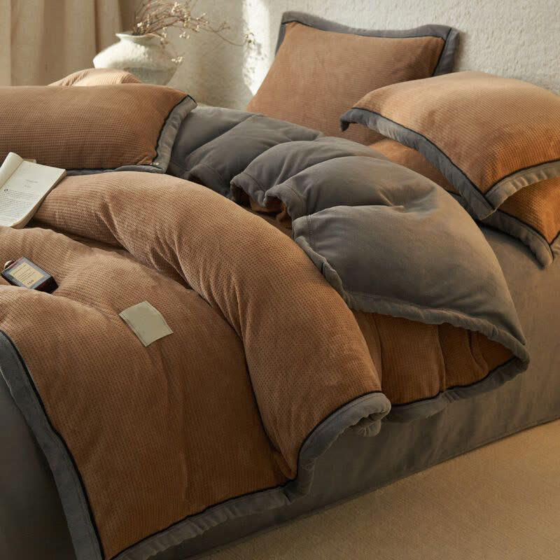 Waffle Textured  Reversible Plush Bedding Set(4PCS) - Coffee - King - image 15