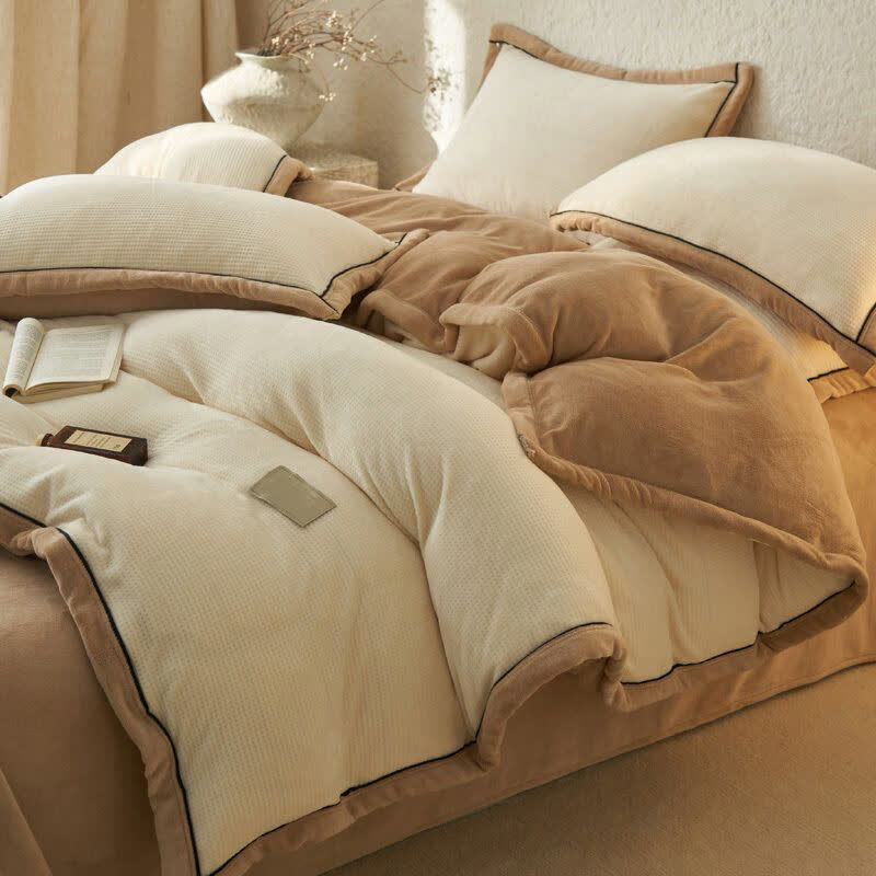 Waffle Textured  Reversible Plush Bedding Set(4PCS) - Beige - King - image 7