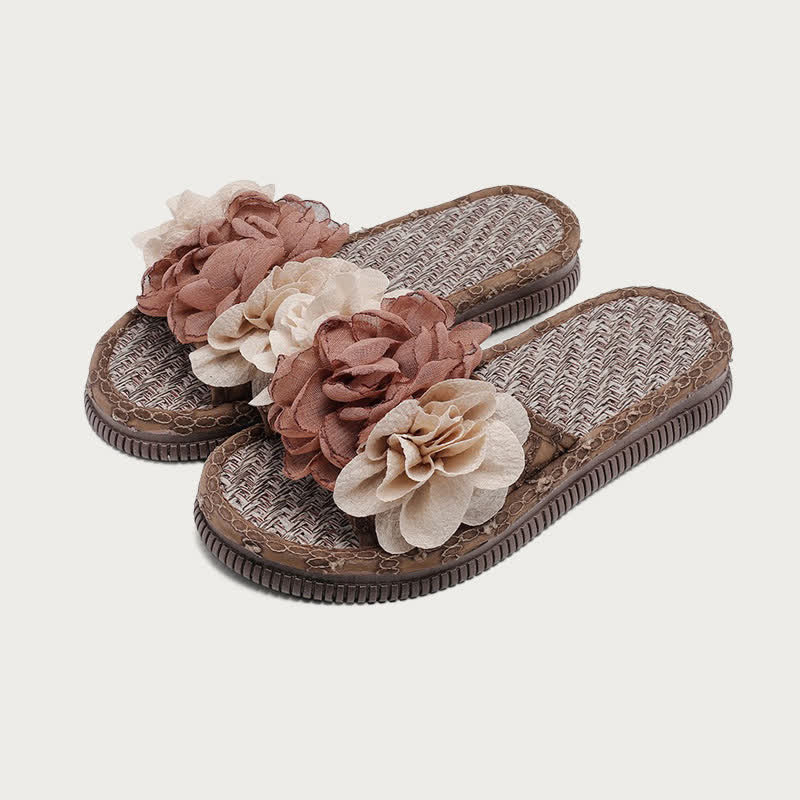 Chiffon Floral Linen House Slippers - Coffee - L - image 12