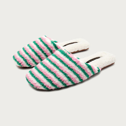 Striped Plush Warm House Slippers - Green&Pink - L - image 6
