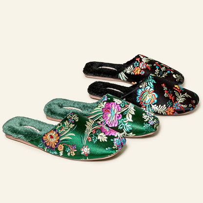 Retro Floral Embroidered Plush House Slippers - image 1