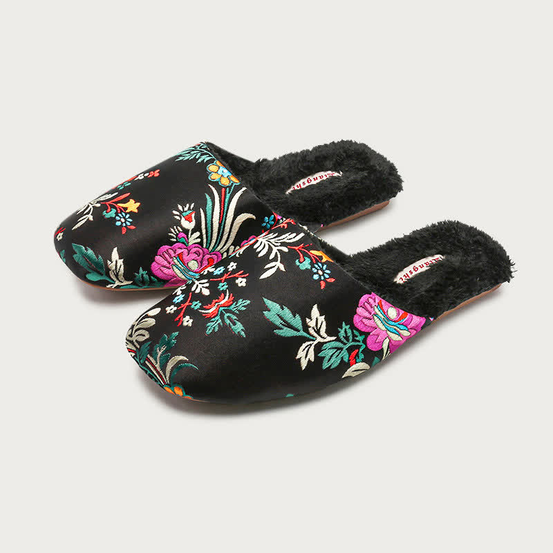 Retro Floral Embroidered Plush House Slippers - Black - L - image 7