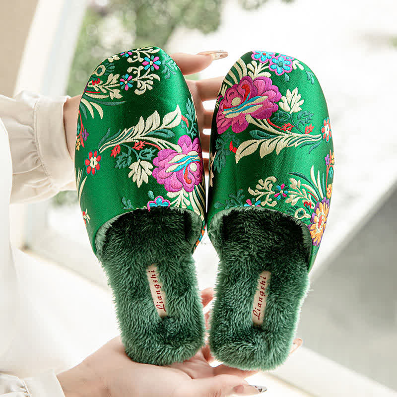 Retro Floral Embroidered Plush House Slippers - image 4