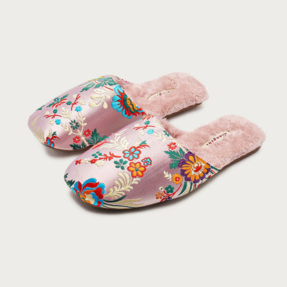 Retro Floral Embroidered Plush House Slippers - Pink - L - image 9