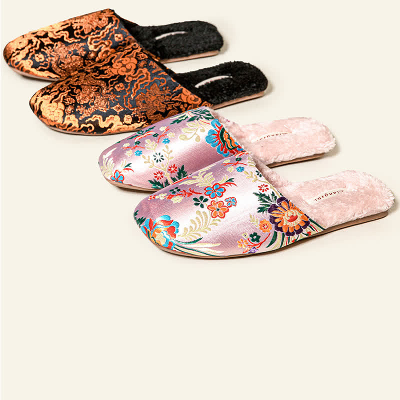 Retro Floral Embroidered Plush House Slippers - image 2
