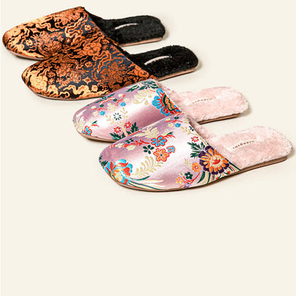 Retro Floral Embroidered Plush House Slippers - image 2