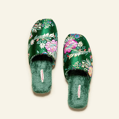 Retro Floral Embroidered Plush House Slippers - image 5