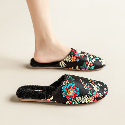 Retro Floral Embroidered Plush House Slippers - image 8