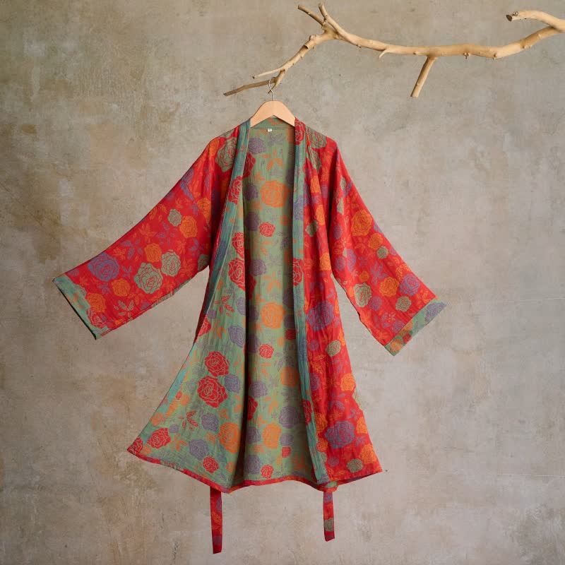 Romantic Rose Cotton Gauze Kimono Robe - Red - L - image 0