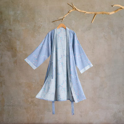 Graceful Plum Blossom Cotton Gauze Kimono Robe - Blue - L - image 0