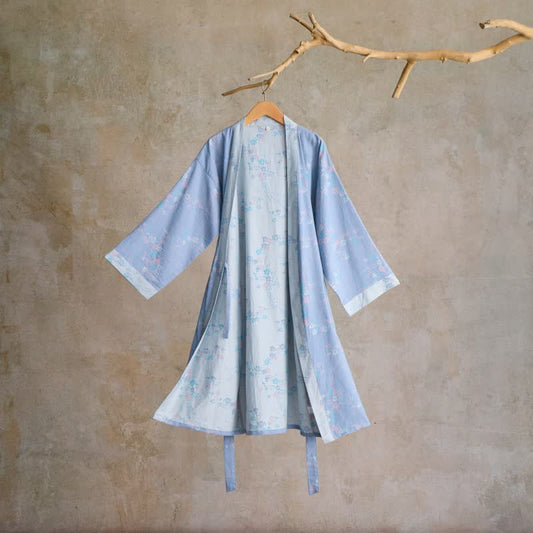 Graceful Plum Blossom Cotton Gauze Kimono Robe - Blue - L - image 0