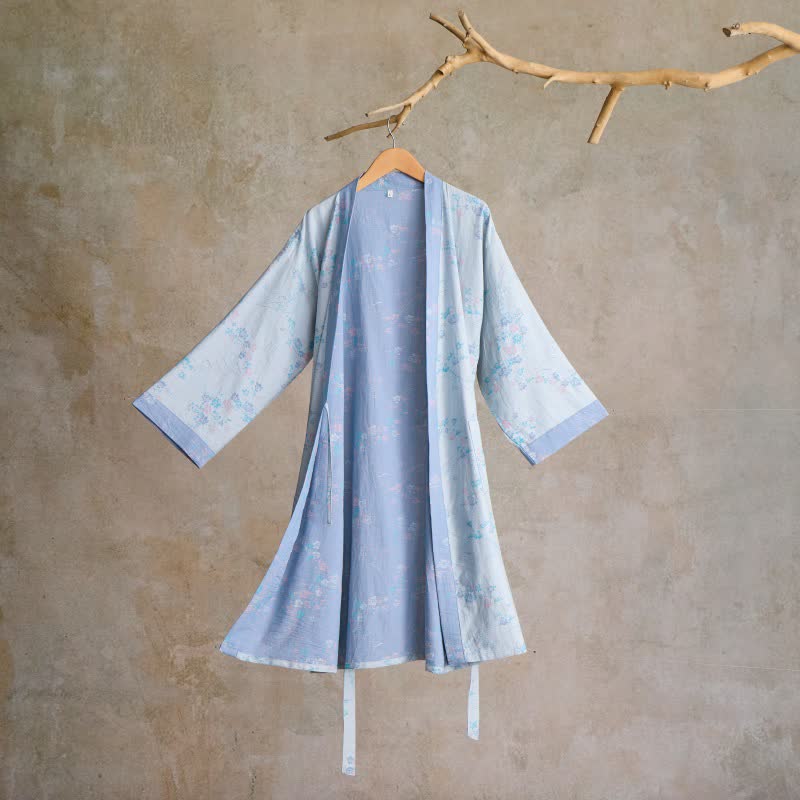 Graceful Plum Blossom Cotton Gauze Kimono Robe - Light Blue - L - image 6