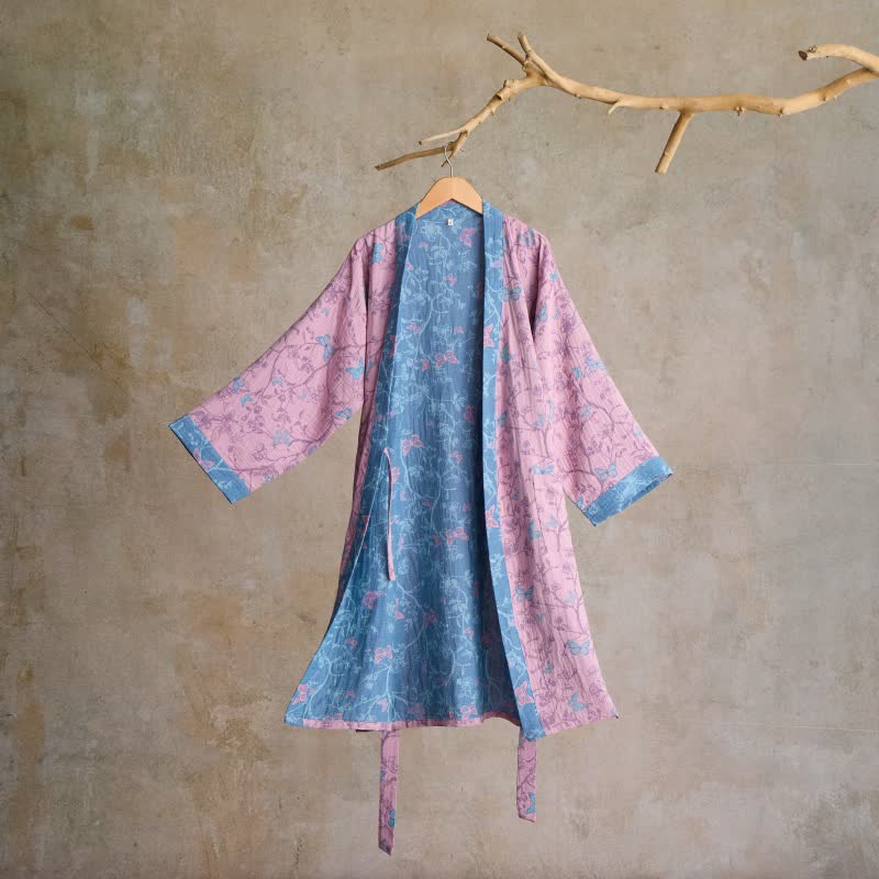 Elegant Floral Butterfly Cotton Gauze Kimono Robe - Pink - L - image 7