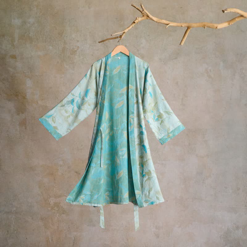 Weekend Escapades Natural Leaf Cotton Gauze Kimono Robe - Light Green - L - image 7