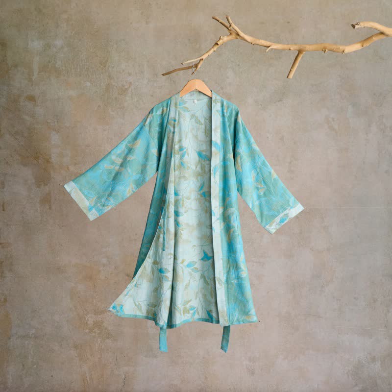 Weekend Escapades Natural Leaf Cotton Gauze Kimono Robe - Green - 2XL - image 1
