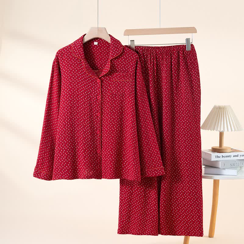 Red Floral Pure Cotton Pajama Set - Red - Lapel Neck - XXL - image 13