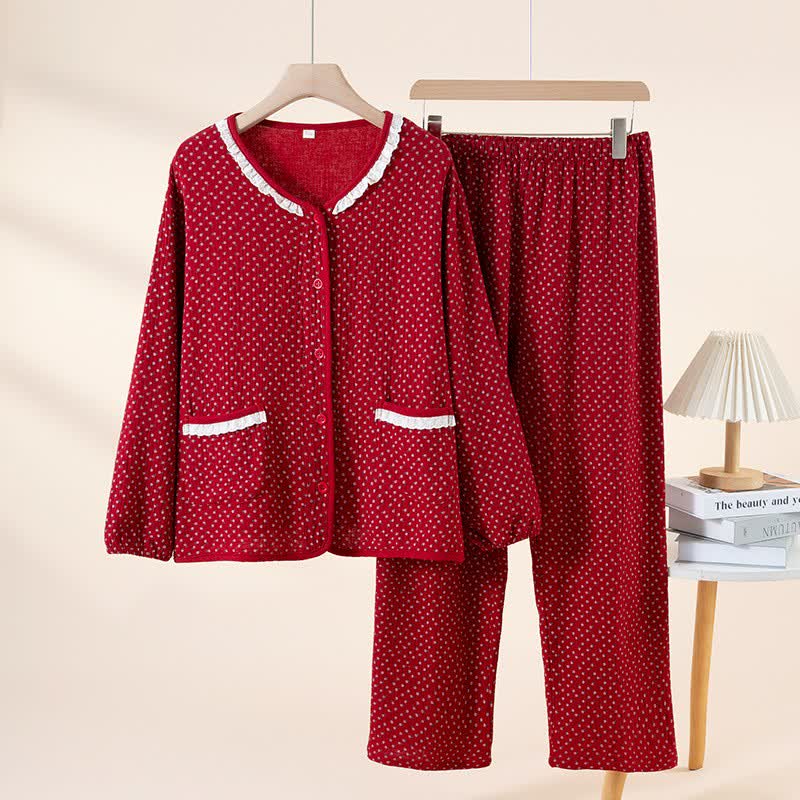 Red Floral Pure Cotton Pajama Set - Red - V-Neck - XXL - image 2