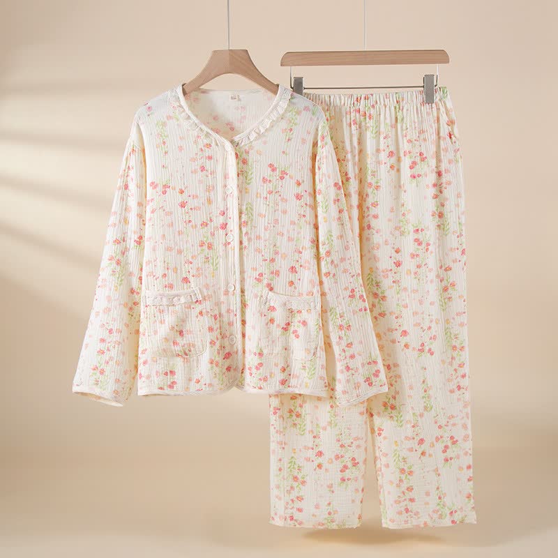 Elegant Begonia Cotton Gauze Pajama Set - White - XXL - image 0