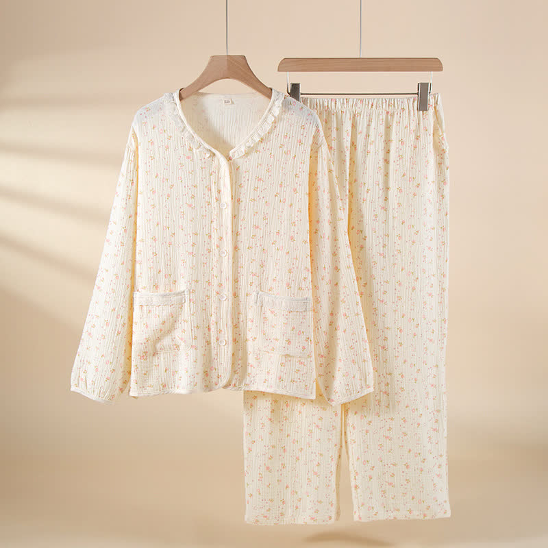 Floral Cotton Gauze Ruffled Pajama Set - White - XXL - image 0