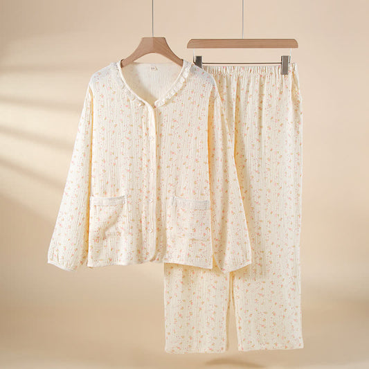 Floral Cotton Gauze Ruffled Pajama Set - White - XXL - image 0
