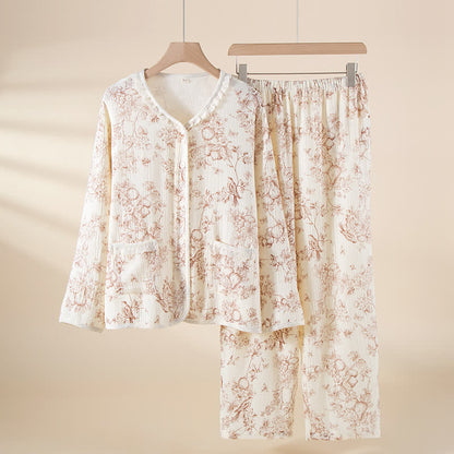 Retro Floral Cotton Gauze Ruffled Pajama Set - White - XXL - image 0