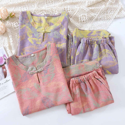 Oriental Style Leaf Pure Cotton Pajama Set - image 1