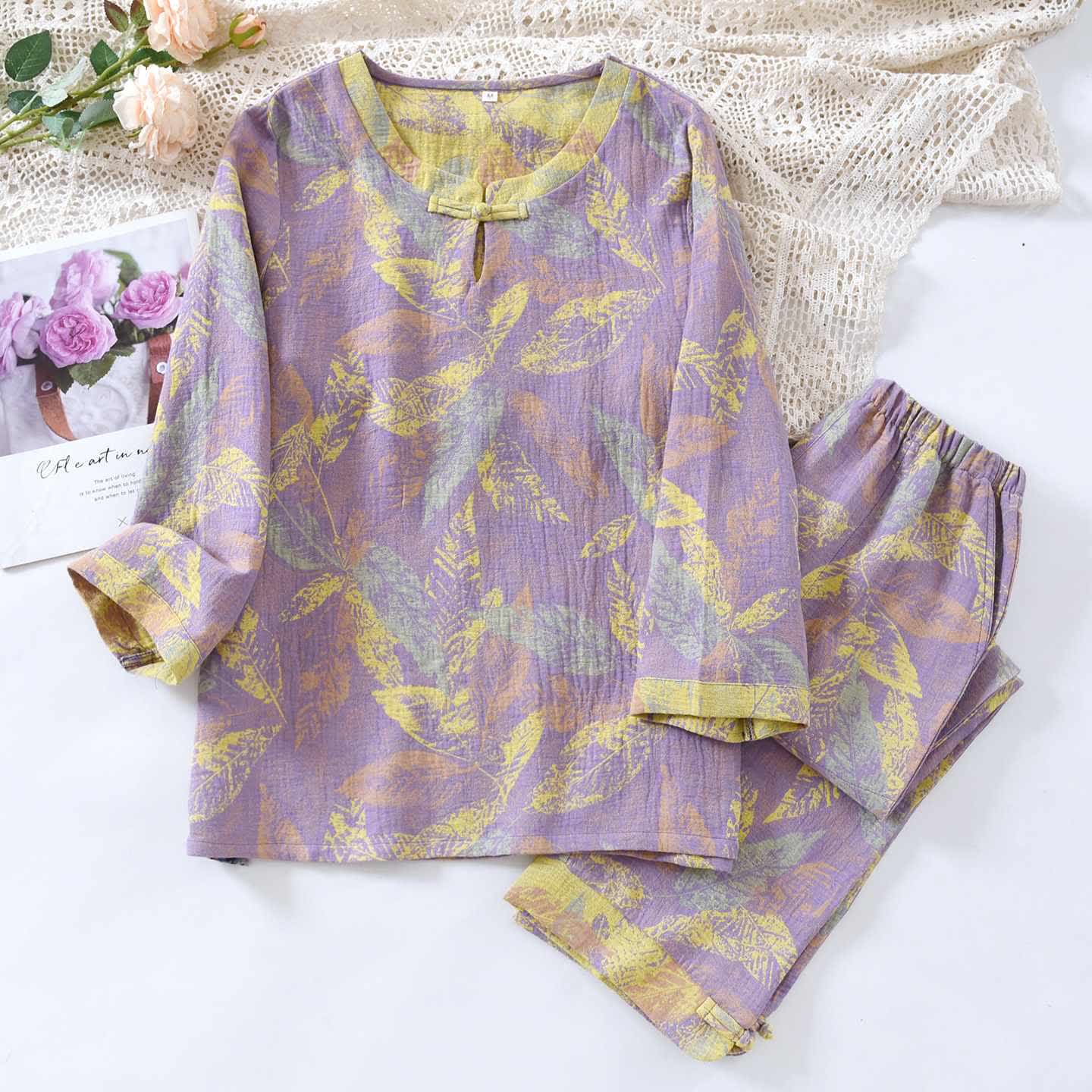 Oriental Style Leaf Pure Cotton Pajama Set - Purple - XL - image 2