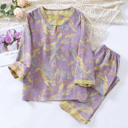 Oriental Style Leaf Pure Cotton Pajama Set - Purple - XL - image 2