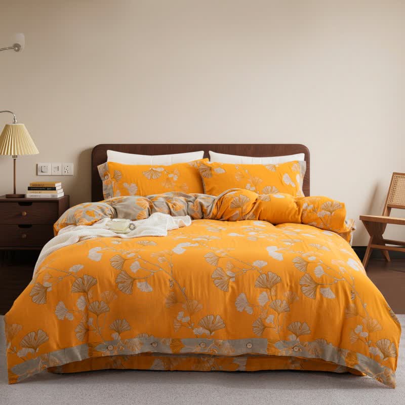 Ownkoti Button Ginkgo Leaf Cotton Gauze Doona Covers Bedding Set (4PCS) - Orange & Gray - Queen - image 30