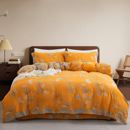 Ownkoti Button Ginkgo Leaf Cotton Gauze Bedding Set (4PCS) - Orange & Gray - King - image 30
