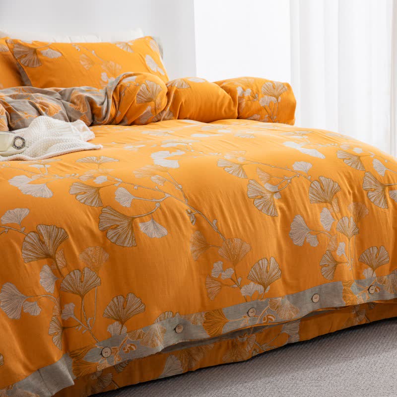 Ownkoti Button Ginkgo Leaf Cotton Gauze Doona Covers Bedding Set (4PCS) - image 33