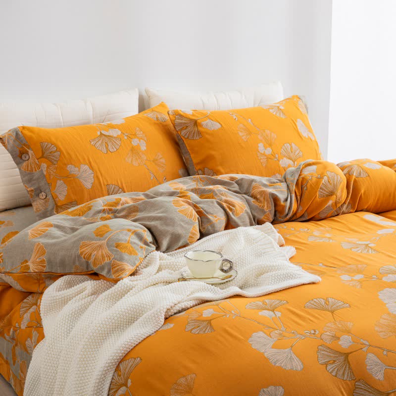 Ownkoti Button Ginkgo Leaf Cotton Gauze Doona Covers Bedding Set (4PCS) - image 32