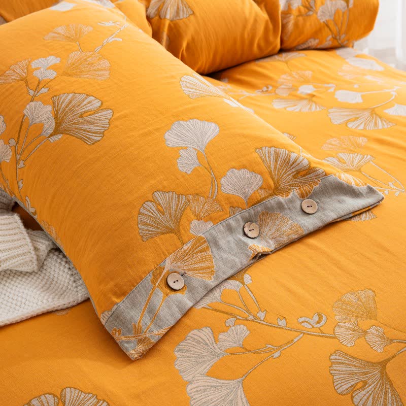 Ownkoti Button Ginkgo Leaf Cotton Gauze Doona Covers Bedding Set (4PCS) - image 34
