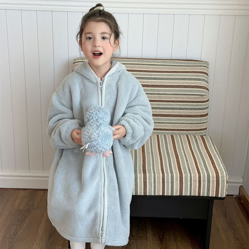 Simple Hooded Plush Zip-Up Child Robe - Blue - Child:170cm - image 8