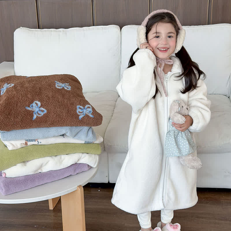 Simple Hooded Plush Zip-Up Child Robe - White - Child:170cm - image 0