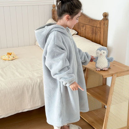 Simple Hooded Plush Zip-Up Child Robe - image 11