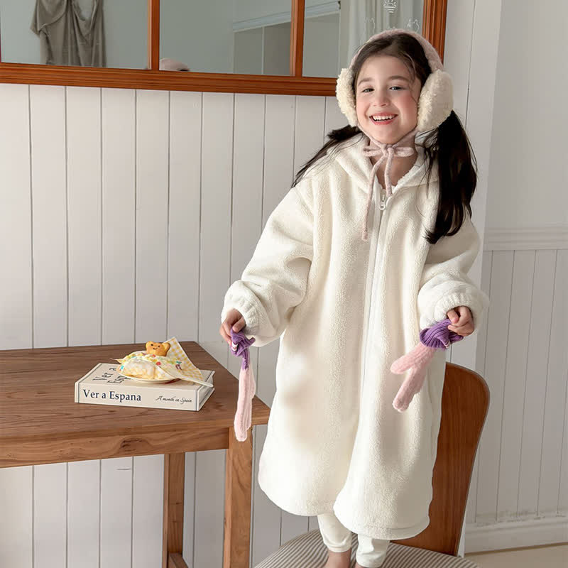 Simple Hooded Plush Zip-Up Child Robe - image 3