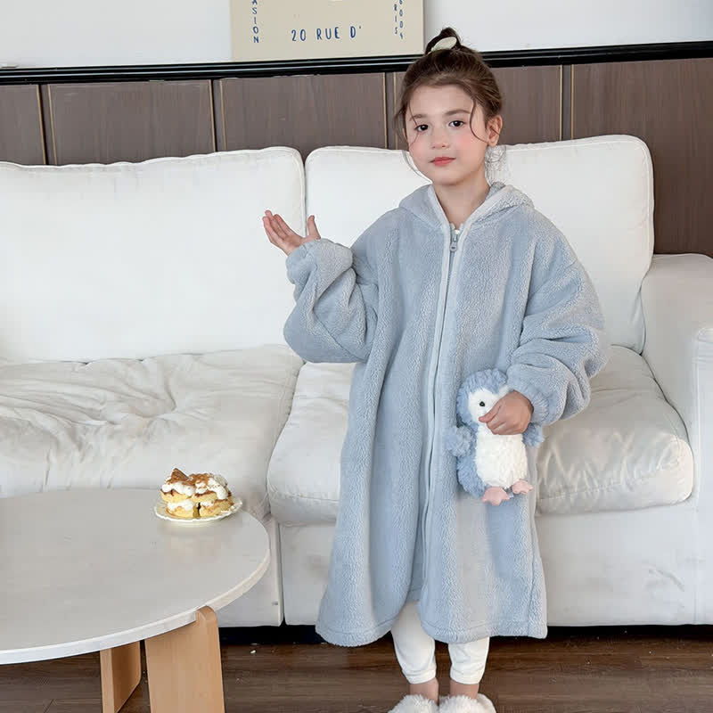 Simple Hooded Plush Zip-Up Child Robe - image 10