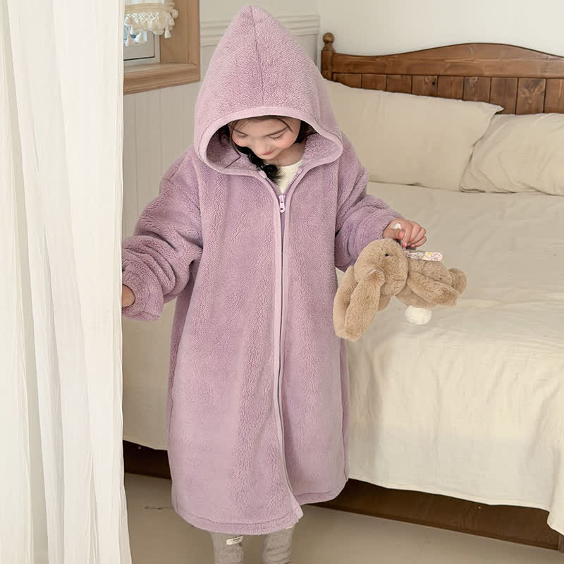 Simple Hooded Plush Zip-Up Child Robe - image 24