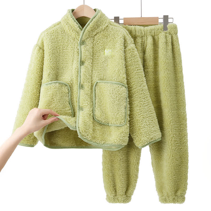 Solid Button Child Plush Loungewear Set - Green - Child:170cm - image 13