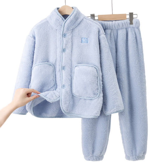 Solid Button Child Plush Loungewear Set - Blue - Child:170cm - image 0