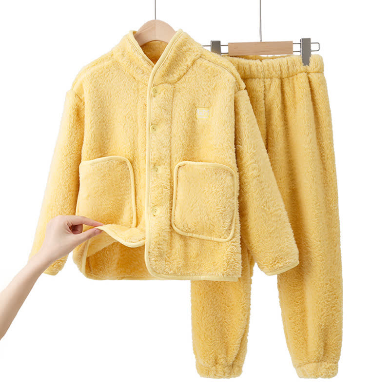 Solid Button Child Plush Loungewear Set - Yellow - Child:170cm - image 14