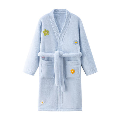 Floral Plush Child Robe with Pocket - Blue - Child:140-160cm - image 0