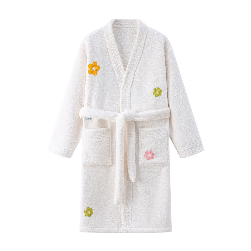 Floral Plush Child Robe with Pocket - White - Child:140-160cm - image 8