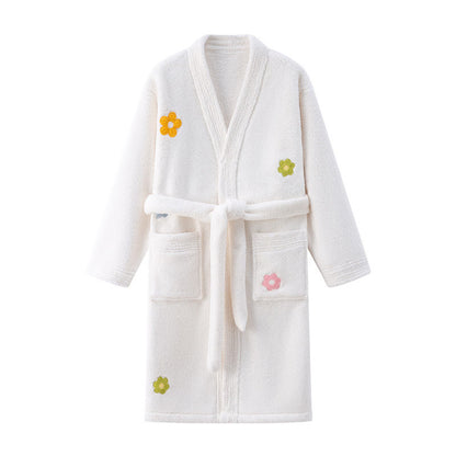 Floral Plush Child Robe with Pocket - White - Child:140-160cm - image 8